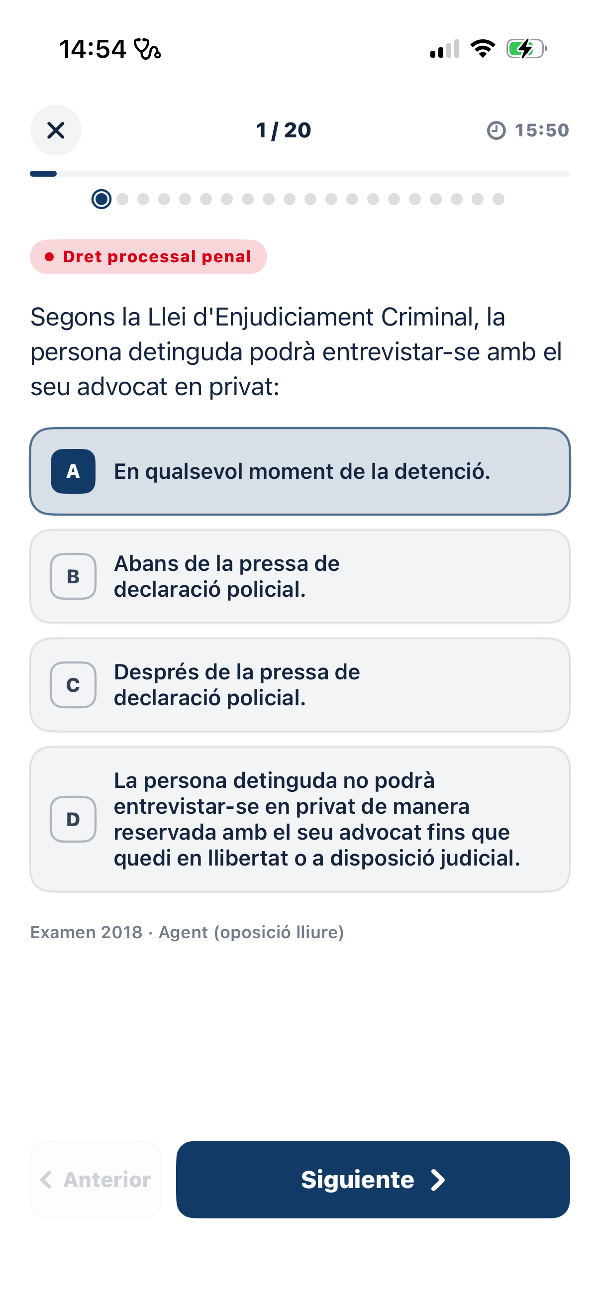 Test con una pregunta de la oposición en modo claro
