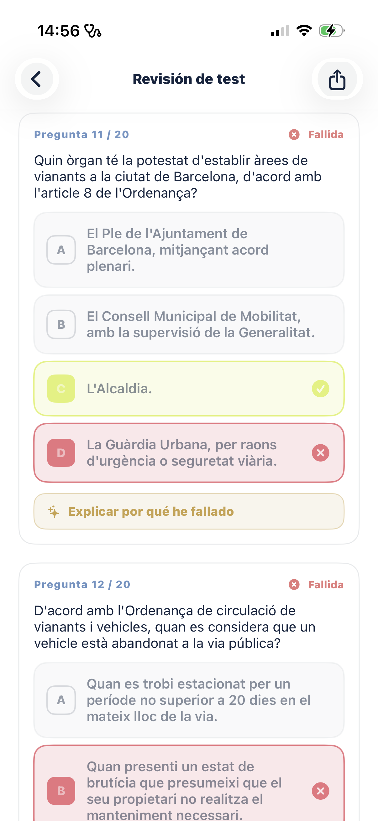 Revisión de un test en modo claro