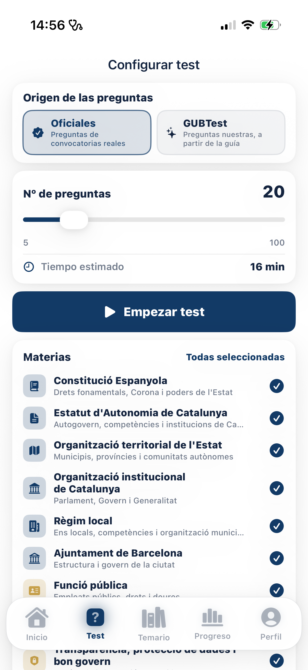 Configurar un test en modo claro
